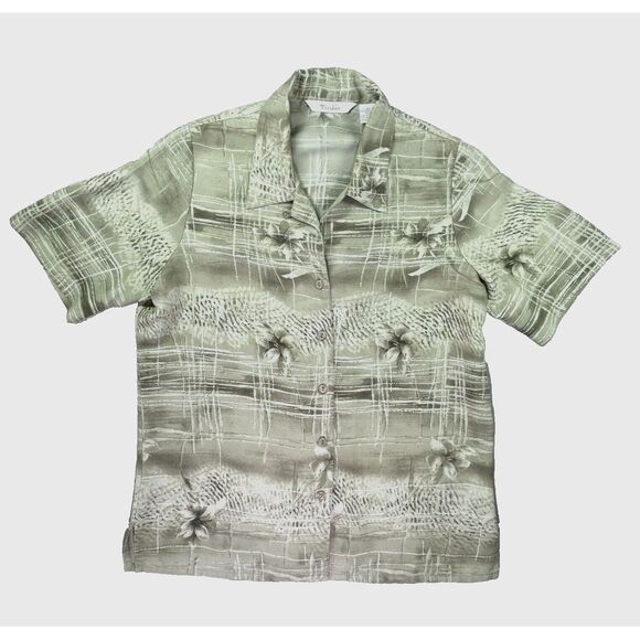Vintage Tanjay Hawaiian‎ Blouse Shirt 10 Green Polynesian Floral Palm Tan Jay - Picture 1 of 10
